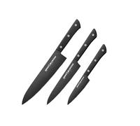 SAMURA SHADOW Ensemble de couteaux de chef japonais professionnels avec revêtement anti-adhésif Noir Dureté 59 HRC