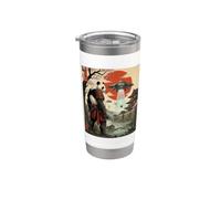 Samurai Panda UFO Alien Invasion Japonais Ukiyo-e Gobelet isotherme en acier inoxydable double paroi