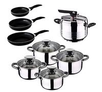 San Ignacio - Batterie de Cuisine 4 casseroles 4 couvercles en Verre 1 Pot Express 16/20/24, Acier Inoxydable, Induction, Batterie + Express 5 litres + 3 poêles