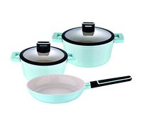 San Ignacio Cosy - Batterie de cuisine 5 pièces comprenant deux casseroles de 20 et 24 cm avec couvercle et une poêle antiadhésive de 24 cm, en fonte d'aluminium, bleu pastel