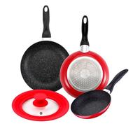 San Ignacio Lot de 3 poêles revêtement marbre Ø16Ø20Ø24cm + couvercle universel de couleur rouge en verre