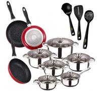 San Ignacio Pack cuisine : batterie de cuisine Cassel 12 pièces (acier inoxydable, convient à induction) + 3 poêles + 3 ustensiles de cuisine - Navy Red & Marble (aluminium) - Ø16/20/24 cm