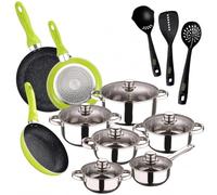 San Ignacio Pack cuisine : batterie de cuisine Cassel 12 pièces (acier inoxydable, convient à induction) + 3 poêles + 3 ustensiles de cuisine - Moulin (aluminium pressé) - Ø20/24/28 cm
