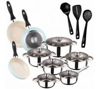 San Ignacio Pack cuisine : batterie de cuisine Cassel 12 pièces (acier inoxydable, convient à induction) + 3 poêles + 3 ustensiles de cuisine - Bleu ciel (aluminium) - Ø16/20/24 cm
