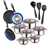 San Ignacio Pack cuisine : batterie de cuisine Cassel 12 pièces (acier inoxydable, convient à induction) + 3 poêles + 3 ustensiles de cuisine - Navy Paradise (aluminium pressé) - Ø16/20/24 cm