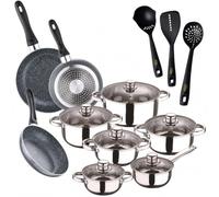 San Ignacio Pack cuisine : batterie de cuisine Cassel 12 pièces (acier inoxydable, convient à induction) + 3 poêles + 3 ustensiles de cuisine - Soul Marble (aluminium pressé) - Ø16/20/24 cm
