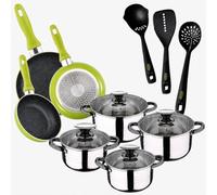 San Ignacio Pack cuisine : Batterie de cuisine Dina 8 pièces (acier inoxydable, convient à induction) + Set de 3 poêles en aluminium - Moule (aluminium pressé) - Ø20/24/28 cm