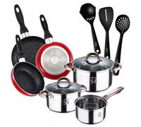 San Ignacio Pack cuisine : batterie de cuisine Onil 5 pièces (acier inoxydable, convient à induction) + set de 3 poêles en aluminium - Navy Red & Marble (aluminium) - Ø16/20/24 cm