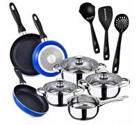 San Ignacio Pack cuisine : batterie de cuisine Phare 7 pièces (acier inoxydable, convient à induction) + 3 poêles + 3 ustensiles de cuisine - Navy Paradise (aluminium pressé) - Ø16/20/24 cm