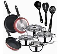 San Ignacio Pack cuisine : batterie de cuisine Phare 7 pièces (acier inoxydable, convient à induction) + 3 poêles + 3 ustensiles de cuisine - Navy Paradise (aluminium) - Ø16/20/24 cm