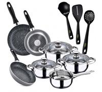 San Ignacio Pack cuisine : batterie de cuisine Phare 7 pièces (acier inoxydable, convient à induction) + 3 poêles + 3 ustensiles de cuisine - Soul Marble (aluminium pressé) - Ø16/20/24 cm