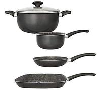 San Ignacio Set Causal Batterie de Cuisine Gourmet, Aluminium au Sang, Gris Foncé, Casserole/Poêle Grill/Appareil avec Couvercle de Verre, 28 x 28 cm/20 cm/16 cm