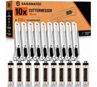 SANAWATEC 10x couteau de coupe professionnel en aluminium 18mm, couteau de tapis polyvalent avec 100 lames sécables supplémentaires