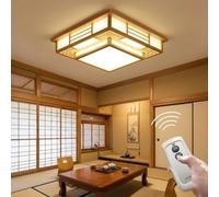 SanBouSi Plafonnier LED en bois japonais - 3 couleurs à intensité variable - Pour chambre à coucher et salon - En PVC imitation peau de mouton - Abat-jour avec télécommande - 24 W