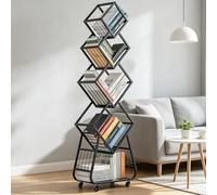 SANEIOUI Bibliothèque pivotante à 5 niveaux, étagère ouverte avec roulettes, en métal noir, étagère industrielle pour livres, CD, bibliothèque peu encombrante, pour chambre à coucher, salon, bureau