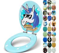 Sanfino® Premium Abattant WC en bois avec frein de chute, qualité supérieure, nombreux motifs colorés, confortable, installation facile, notice de montage incluse - „Funky Unicorn"