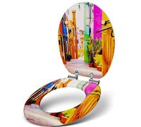 Sanfino® Premium Abattant WC en bois avec frein de chute, qualité supérieure, nombreux motifs colorés, confortable, installation facile, notice de montage incluse - „Colorful Houses"