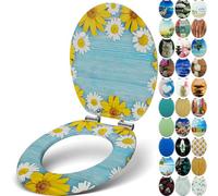 Sanfino® Premium Abattant WC en bois avec frein de chute, qualité supérieure, nombreux motifs colorés, confortable, installation facile, notice de montage incluse - "Daisies"