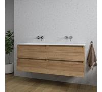 Saniclass Chaci Ensemble de meubles de salle de bains - 140x46x55cm - lavabo en céramique blanc - 2 vasques - sans trous de robinetterie - 4 tiroirs - chêne mélangé mat (bois) SW1171416/SW773929