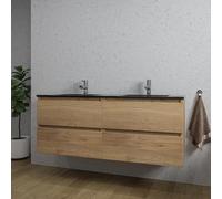 Saniclass Chaci Ensemble de meubles de salle de bains - 140x46x55cm - lavabo en céramique noir - 2 vasques - 2 trous de robinet - 4 tiroirs - chêne mélangé mat (bois) SW1171416/SW773922