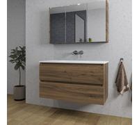 Saniclass Chaci Ensemble meuble de salle de bains - 100x46x55cm - lavabo en céramique blanc - 1 vasque - sans trous de robinet - 2 tiroirs - armoire de toilette - noyer (bois) SW1212772/SW1212817/SW81