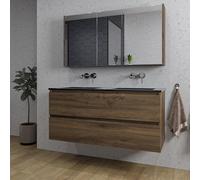 Saniclass Chaci Ensemble meuble de salle de bains - 120x46x55cm - lavabo céramique noir - 2 vasques - sans trous de robinetterie - 2 tiroirs - armoire de toilette - noyer (bois) SW773933/SW812073/SW12