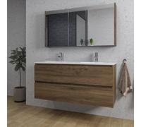Saniclass Chaci Ensemble meuble de salle de bains - 120x46x55cm - lavabo en céramique blanc - 2 vasques ovales - 2 trous de robinetterie - 2 tiroirs - armoire de toilette - noyer (bois) SW1212779/SW12