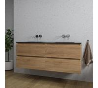 Saniclass Chaci Ensemble meuble de salle de bains - 140x46x55cm - lavabo en céramique noir - 2 vasques - sans trous de robinetterie - 4 tiroirs - chêne mélangé mat (bois) SW1171416/SW773934