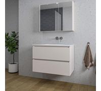 Saniclass Chaci Ensemble meuble de salle de bains - 80x46x55cm - lavabo en céramique blanc - 1 vasque - sans trous de robinetterie - 2 tiroirs - armoire de toilette - cotton mat (beige) SW1212765/SW12