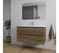 Saniclass Chaci Meuble de salle de bain - 100x46x55cm - lavabo en céramique blanc - 1 vasque - 1 trou de robinet - 2 tiroirs - miroir rectangulaire - noyer (hout) SW1212772/SW804532/SW724612