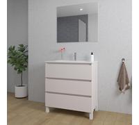 Saniclass Chaci PLUS Meuble de salle de bain - 80x86x46cm - lavabo en céramique blanc - 1 vasque ovale - 1 trou de robinet - 3 tiroirs - miroir rectangulaire - mat cotton (beige) SW1212797/SW718717/SW