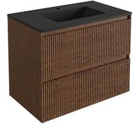 Saniclass Holz Atelier Ensemble de meubles de salle de bains - 80x45x62cm - Lavabo Vygo en céramique noir - 1 vasque - 1 trou de robinet - 2 tiroirs - walnut pure mat (bois) SW1420803/SW761655