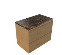 Saniclass Holz Atelier Ensemble de meubles de salle de bains - 80x45x63cm - Plan de travail en pierre naturelle Noche dark emperador - 1 trou de robinetterie - 2 tiroirs - chêne naturel mat (bois) SW1