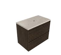 Saniclass Holz Atelier Ensemble meuble de salle de bains - 80x45x63cm - Plan de travail en pierre naturelle travertin - sans trou de robinet - 2 tiroirs - chêne charcoal mat (bois) SW1420802/SW1242427