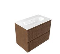 Saniclass Holz Atelier Ensemble meuble de salle de bains - 80x45x73.9cm - Lavabo Chaci en céramique blanc - 1 vasque - sans trou de robinet - 2 tiroirs - noyer pur mat (bois) SW1420803/SW1234848