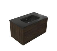 Saniclass Holz Frame Ensemble de meuble de salle de bains - 80x45x42cm - lavabo Vygo en céramique noir - 1 vasque - sans trou de robinet - 1 tiroir - chêne charcoal mat (bois) SW1420767/SW773931