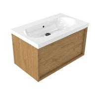 Saniclass Holz Frame Ensemble de meuble de salle de bains - 80x45x43.5cm - lavabo Palermo en céramique blanc - 1 vasque - sans trou de robinetterie - 1 tiroir - chêne natural mat (bois) SW1420766/SW24