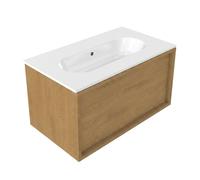 Saniclass Holz Frame Ensemble de meuble de salle de bains - 80x45x53.9cm - lavabo en céramique Chaci blanc - 1 vasque - sans trou de robinetterie - 1 tiroir - chêne natural mat (bois) SW1420766/SW1234