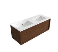 Saniclass Holz Frame Ensemble de meubles de salle de bains - 120x45x42cm - lavabo Vygo en céramique blanc - 2 vasques - 2 trous de robinetterie - 1 tiroir - walnut pure mat (bois) SW1420774/SW804533