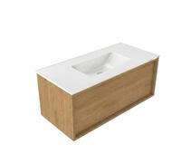 Saniclass Holz Frame Ensemble meuble de salle de bains - 100x45x42cm - lavabo Vygo en céramique blanc - 1 vasque - sans trou de robinet - 1 tiroir - chêne natural mat (bois) SW1420769/SW773927