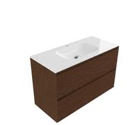 Saniclass Holz Pure Ensemble de meubles de salle de bains - 100x45x61.5cm - Vasque Flow en Solid Surface blanc - 1 vasque - 1 trou de robinetterie - 2 tiroirs - walnut pure mat (bois) SW1420789/SW1174