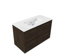 Saniclass Holz Pure Ensemble de meubles de salle de bains - 100x45x62cm - Lavabo en céramique Vygo blanc - 1 vasque - sans trou de robinet - 2 tiroirs - chêne charcoal mat (bois) SW1420788/SW773927