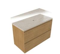 Saniclass Holz Pure Ensemble de meubles de salle de bains - 100x45x63cm - Plan de travail en pierre naturelle travertin - sans trou de robinet - 2 tiroirs - chêne natural mat (bois) SW1420787/SW124242