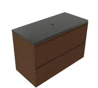 Saniclass Holz Pure Ensemble de meubles de salle de bains - 100x45x63cm - plan vasque en basalte Noche poli (noir) - sans trou de robinetterie - 2 tiroirs - walnut pure mat (bois) SW1420789/SW728236