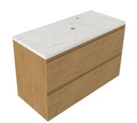 Saniclass Holz Pure Ensemble de meubles de salle de bains - 100x45x63cm - Plan vasque en marbre Dia poli (blanc) - 1 trou de robinetterie - 2 tiroirs - chêne natural mat (bois) SW1420787/SW728218