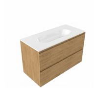 Saniclass Holz Pure Ensemble de meubles de salle de bains - 100x45x73.9cm - lavabo en céramique Chaci blanc - 1 vasque - 1 trou de robinetterie - 2 tiroirs - chêne natural mat (bois) SW1420787/SW71871