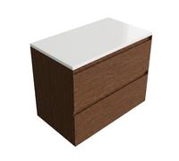 Saniclass Holz Pure Ensemble de meubles de salle de bains - 80x45x62.5cm - plan de toilette Torino en solid surface blanc - sans trou de robinetterie - 2 tiroirs - walnut pure mat (bois) SW1420786/SW1