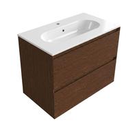 Saniclass Holz Pure Ensemble de meubles de salle de bains - 80x45x73.9cm - Vasque Chaci en céramique blanche - 1 vasque - 1 trou de robinetterie - 2 tiroirs - walnut pure mat (bois) SW1420786/SW718717