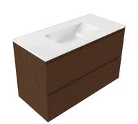 Saniclass Holz Pure Ensemble meuble de salle de bains - 100x45x62cm - lavabo Vygo en céramique blanc - 1 vasque - sans trou de robinet - 2 tiroirs - noyer pure mat (bois) SW1420789/SW773927