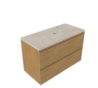 Saniclass Holz Pure Ensemble meuble de salle de bains - 100x45x63cm - Plan de travail en pierre naturelle travertin - 1 trou de robinetterie - 2 tiroirs - chêne natural mat (bois) SW1420787/SW1242430